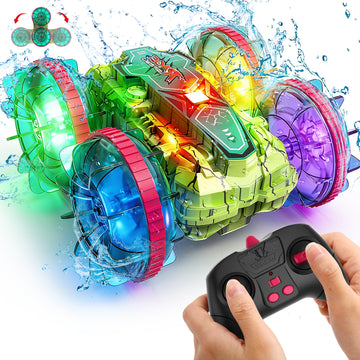 JoyStone Amphibious RC Car for Kids, 4WD Waterproof All Terrain Remote Control Stunt Truck with Double-Sided Driving, LED Light-Up Wheels, 2 Batteries, Green