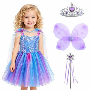 WonderStone Princess Dress for Girls, Fairy Costume Dress-Up with Luxury Accessories, Purple Tutu Outfit for Birthday Parties, Kids & Toddlers Ages 4–5