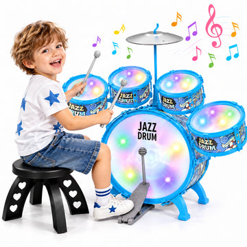 Wonderstone Kids Starter Drum Set with Light, Bass Drum/Tom Drums/Snare/Cymbal/Stool/Drumsticks, Toys for Boys Girls Aged 3-14 Years Old Beginner Birthday Gift, Blue