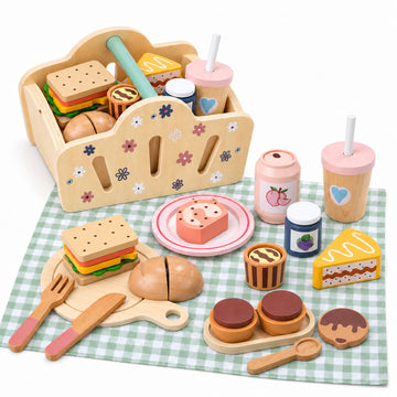 Wonderstone Wooden Picnic Play Food Set for Kids, Pretend Play Kitchen Set, Kids Cutting Pretend Play Fake Food Toys for 3 4 5 6 7 Years Girls Boys Toddlers Toys