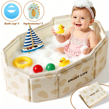 Wonderstone Portable Foldable Bathtub, Collapsible Baby Shower Tub with Drainage Design, Beach Vacation Travel Essentials for 1-3 Kids Toddler (Brown+White)