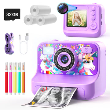 JoyStone Kids Camera Instant Print with Printing Paper and 32G Card, Gift for Girls and Boys Aged 3-12, Purple