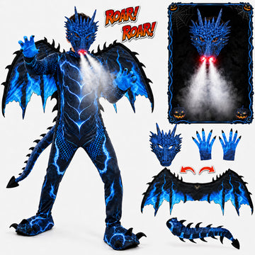 Wonderstone Kids Dragon Costume, Halloween Costume with Sound & Spray, Winged Design, Dragon Mask with LED Light, Dress-Up Costume for Cosplay Party, Suitable for Kids Ages 6–14, Blue-L