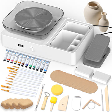 WonderStone Pottery Wheel with Foot Pedal Device, Electric Pottery Machine with 6.7'' Turntable Two-Way Rotation/2 Batteries, Complete Pottery Tools Set for kids and Adult (White)