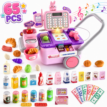 WonderStone 65pcs Cash Register for Kids, Pretend Play Store with Smart Item Recognition, Electronic Shopping Cart with Voice Reporting, Play Food & Money, Learning Toy for Toddlers 3+, Pink