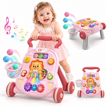 WonderStone 7-in-1 Baby Push Walker, Sit-to-Stand Baby Activity Center with Music & Lights, Educational Learning Toy for Boys and Girls Ages 6–18 Months, Pink