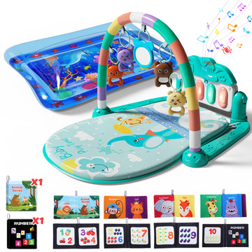 2 in 1 Baby Gym Playmat, Tummy Time Water Mat with 2 Cloth Books/ 5 Infant Sensory Baby Toys & Play Piano, Boys and Girls Newborn Baby Gift 0-12 Month (Green)