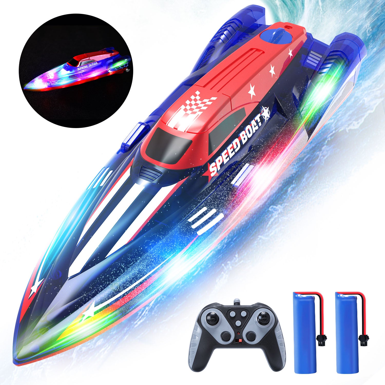 JoyStone RC Boat for Pools and Lakes, 13 Inch Remote Control Boat with LED Lights, 2.4G Racing Boats for Kids & Adults with 2 Rechargeable Battery, Gifts for Boys Girls