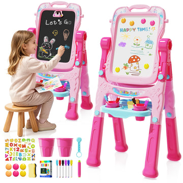 WonderStone Art Easel for Kids, Flippable Sided Magnetic Drawing Board with Storage, Gift for Toddlers Girls Ages 3-5, Pink