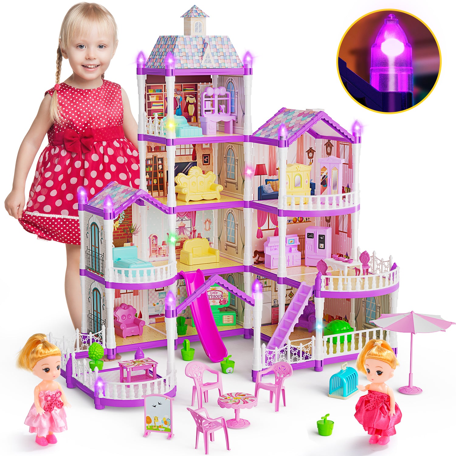 JoyStone DollHouse with Colorful Light and 10 Rooms for Girl, Huge Doll House DIY Pretend Toy, Dreamy Princess House for Kids Gifts Ages 4-8, Blue