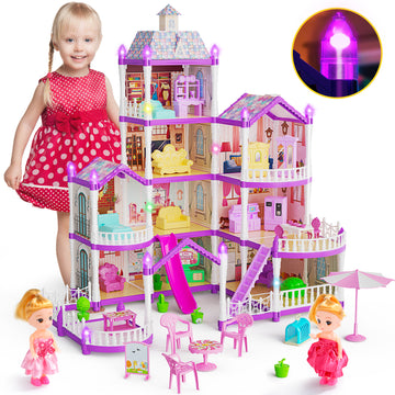 JoyStone DollHouse with Colorful Light and 10 Rooms for Girl, Huge Doll House DIY Pretend Toy, Dreamy Princess House for Kids Gifts Ages 4-8, Blue