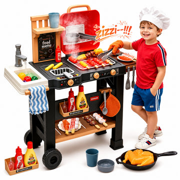 WonderStone 63 PCS BBQ Grill Playset, Outdoor Play Kitchen with Movable Wheels & Play Sink, Pretend Play Toy with Smoke, Sound & Light, Cooking Toys for Toddlers Ages 3–6