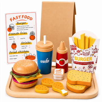 WonderStone Wooden Play Food Set for Kids, Pretend Hamburger Toy Set with Menu & Tray, Play Kitchen Food for Toddlers 3+, Gift for Girls and Boys