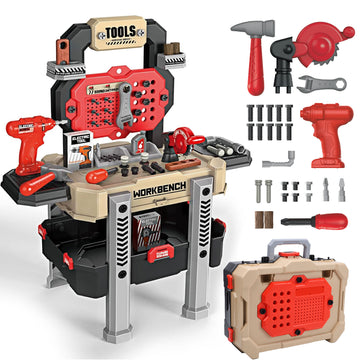 JoyStone 2 in 1 Kids Tool Bench Set,79 PCS Pretend Play Tool Bench for Kids with Tools, Electric Drill, Clothes and Transformable Tool Set, Learning Gift for Boys & Girls Age 3-5,Red