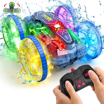 JoyStone Amphibious RC Car for Kids, 4WD Waterproof All Terrain Remote Control Stunt Truck with Double-Sided Driving, LED Light-Up Wheels, 2 Batteries, Blue