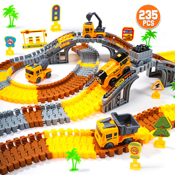 JoyStone 235 PCS Construction Race Tracks Toys, 4 PCS Construction Truck Car and Flexible Track Play Set, Engineering Toys for Boy Girls