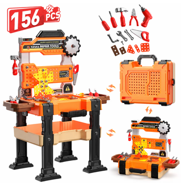 WonderStone 3-in-1 Kids Tool Bench with Electric Toy Drill, 155 PCS Construction Tool Box & Workbench, Mechanic Pretend Play Set, Gift for Ages 4-7, Orange