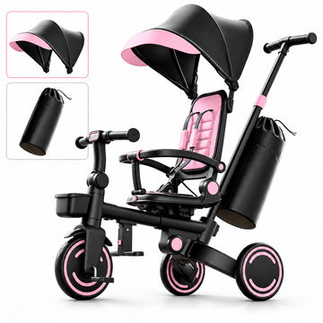 Wonderstone 9 in 1 Foldable Tricycle Stroller for Toddler, Baby Tricycle with Adjustable Canopy, Seat Belt and Storage Basket, Kids Bike for Ages 1-6 Boys & Girls, Bla
