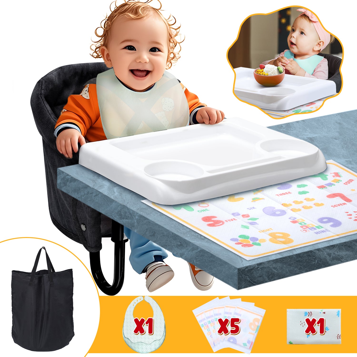 Hook On Chair, Portable High Chair with Tray, Storage Bag & Free Accessories, Clip-On Table Chair for Baby and Toddler, Ideal for Home and Travel, Black