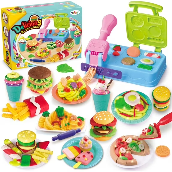 JoyStone Preschool Kitchen Grill Cooking Sets, Kitchen Creations Ice Cream Burger Barbecue Noodle Party Playset Dough Sets for Kids Ages 4-8 with 6 Compound Multi Colors Dough Pack of 26Pcs