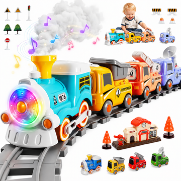 WonderStone Electric Train Set, Train Track Toys with Steam, Light-Up and Sound Effects, Magnetic Car Toys with 10 PCS Signposts, Christmas Birthday Gifts for Toddlers, Cyan