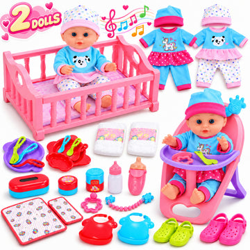 WonderStone 2 Baby Doll Set , 12.5 Inch Baby Doll with & Bath Tub & Full Care Accessories，Pretend Play Toy for Toddlers