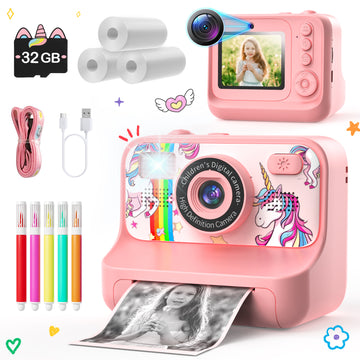 JoyStone Kids Camera Instant Print with Printing Paper and 32G Card, Gift for Girls and Boys Aged 3-12, Pink