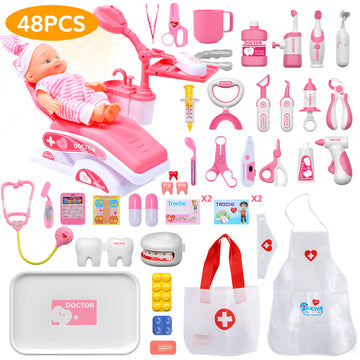 WonderStone Dentist Play Set , 48PCS Pretend Play Doctor Kit with Doll & Costume, Realistic Role-Playing Toys for Toddlers 3-5, Kids Medical Set for Boys & Girls