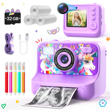 JoyStone Kids Camera Instant Print with Printing Paper and 32G Card, Gift for Girls and Boys Aged 3-12, Purple