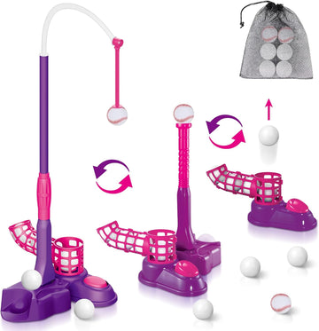 JoyStone 4-in-1 Baseball Set for Kids, Tee Ball Stand, Hanging Tee, Ball Launcher, Golf Clubs with 8pcs Training Golf Balls & Clubs Equipment, Indoor/Outdoor Sports Gifts for Boys, Pink