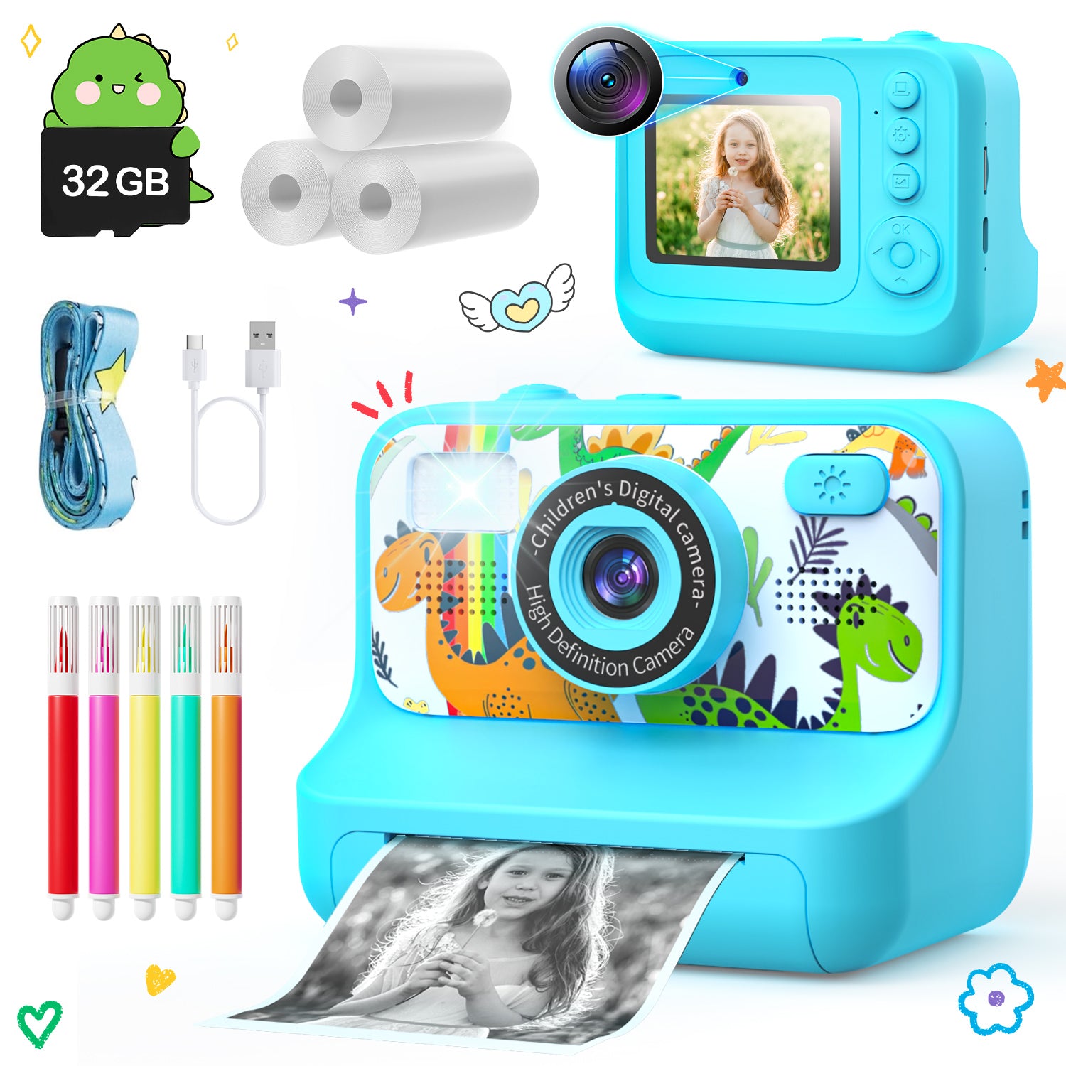 JoyStone Kids Camera Instant Print with Printing Paper and 32G Card, Gift for Girls and Boys Aged 3-12, Blue