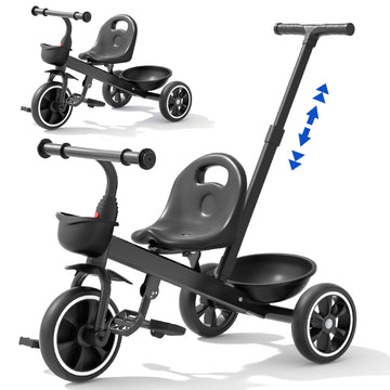JoyStone 2-in-1 Toddler Tricycle for Ages 1-4 Years, Kids Trike Toddler Bike with Removable Push Handle, Adjustable Seat & Basket, Black