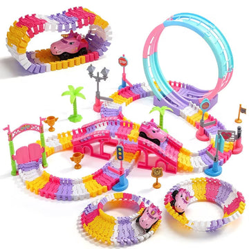 Wefone 144PCS Unicorn Race Track Toy for Kids, Flexible DIY Track Set with 360° Spin Track, Unicorn Car, Bridge & Accessories, Creative STEM Building Gift for Girls Boys Age 3-6 4-8