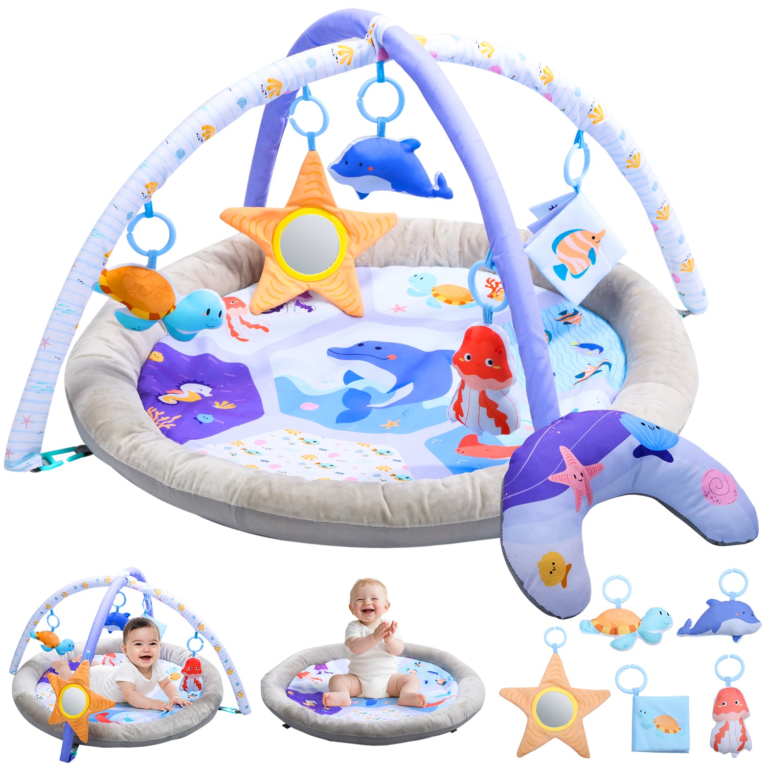 JoyStone 4-in-1 Lion Baby Play Gym with 30 Balls & 4 Sound Toys, Tummy Time Mat & Ball Pit, for Infants & Toddlers Ages 0-12 Months, 27.6" x 37.4"