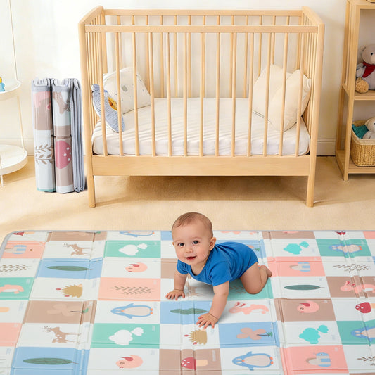 JoyStone 70 x 55 Inch Foldable Baby Play Mat with Fold-Up Sides & Storage Bag, Foam Tummy Time Mat, Infant Floor Playpen Mat for Indoor & Outdoor Use