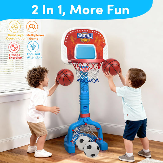 JoyStone 3 in 1 Basketball Hoop & Soccer Goal Set, Toddler Basketball Hoop Indoor Mini Adjustable Poolside Basketball Goals with 2 Basketballs, 2 Soccer Balls for Boys Girls Outdoor Toys