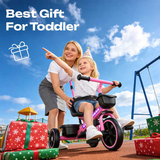JoyStone 2-in-1 Toddler Tricycle, Kids Trike with Parent Push Handle, LED Lights, Adjustable Seat, Storage Basket, Push Tricycle Bike for 1-4 Year Old Boys and Girls, Pink