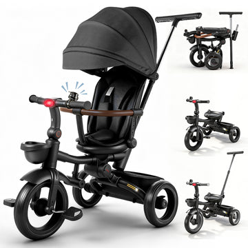JoyStone 7 in 1 Foldable Tricycle Stroller for Toddler, Baby Tricycle with Adjustable Canopy, Parent Handle, Removable Pedals, Seat Belt and Storage Basket, Kids Bike for Ages 1-6 Boys & Girls, Black