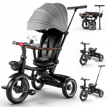 JoyStone 7 in 1 Foldable Tricycle Stroller for Toddler, Baby Tricycle with Adjustable Canopy, Parent Handle, Removable Pedals, Seat Belt and Storage Basket, Kids Bike for Ages 1-6 Boys & Girls, Grey