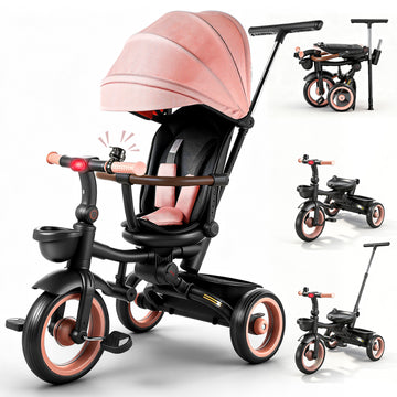 JoyStone 7 in 1 Foldable Tricycle Stroller for Toddler, Baby Tricycle with Adjustable Canopy, Parent Handle, Removable Pedals, Seat Belt and Storage Basket, Kids Bike for Ages 1-6 Boys & Girls, Pink