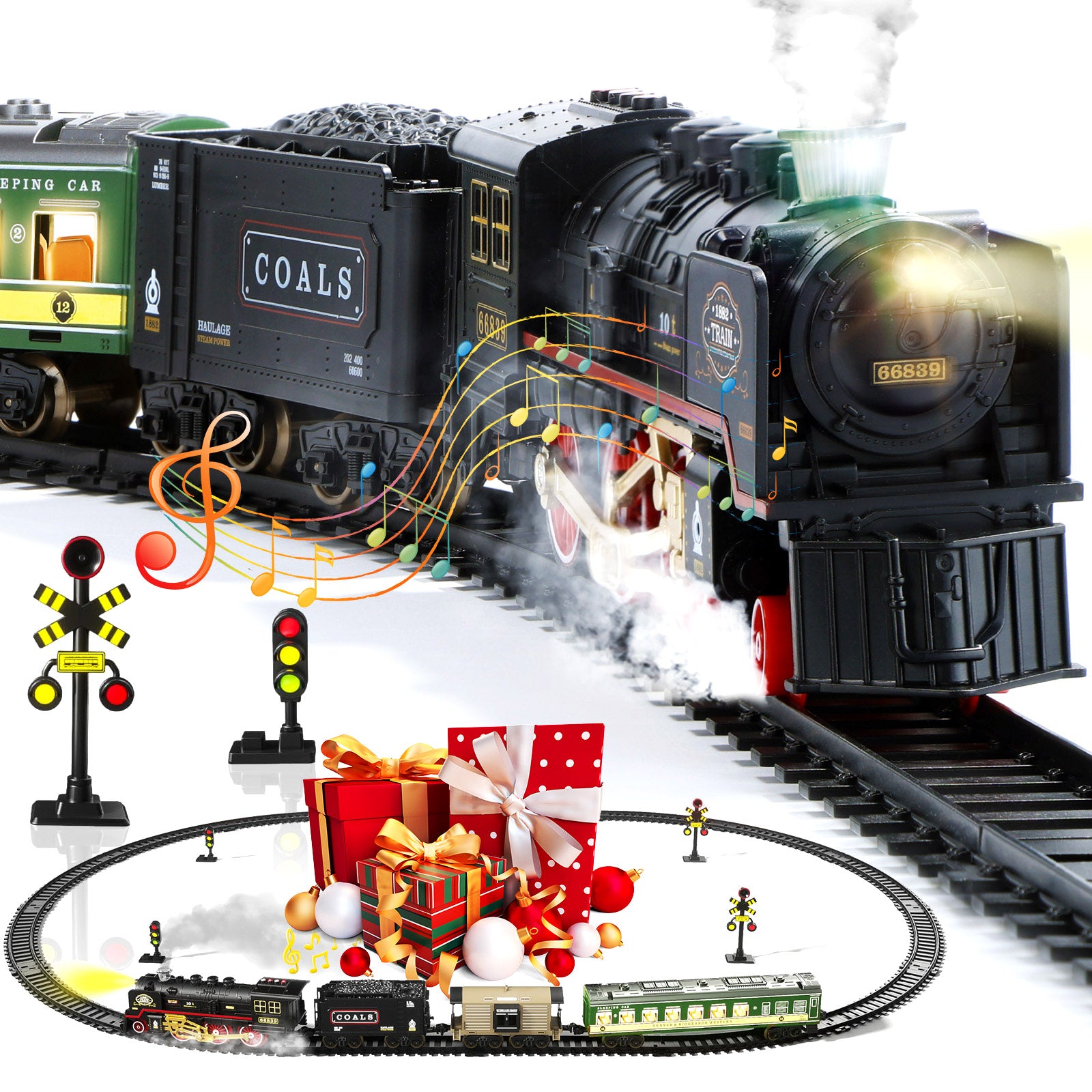 JoyStone Electric R/C Train Set Toys for Boys with Smokes, Lights & Sound, Tracks, Toddler Model Train Set with Steam Locomotive Engine & Cargo Cars and Tracks, Christmas Toy Train for Kids