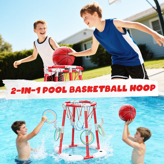 Pool Basketball Hoop, 2-in-1 Floating Pool Toys Ring Game with 4 Balls and Pump, Outdoor Swimming Pool Basketball Games Water Play Toy Family Party for Kids Adults Age 3-12 (Red)