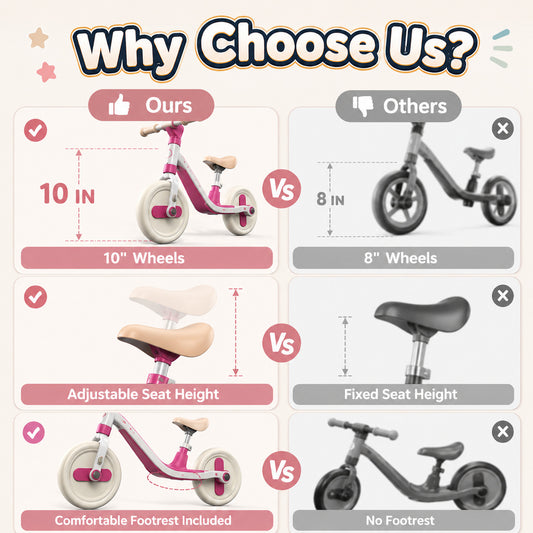 Wonderstone 10-Inch Balance Bike for Kids, Adjustable Seat Ride-On Toy with 2 Silent Wheels, Outdoor Toddler Riding Toy for Boys and Girls Aged 2–6, Rose Red