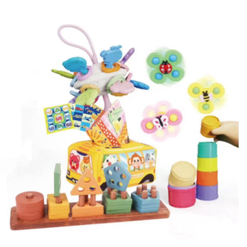Wonderstone 5-in-1 Montessori Baby Toys, Bus Tissue Box, Wooden Shape Stacker, Stacking Cups and Spinner, for Boys Girls Infants 6-36 Months