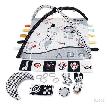Wonderstone 2 in 1 Baby Play Gym with Round Ocean Water Mat, Infant Tummy Time Activity Mat with Detachable Sensory Hanging Toys, Large Soft Playmat for Newborn 0-12 Months, Balck & White