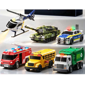 Wonderstone 6 Pack Vehicle Toy Set – Friction Powered Garbage Truck, Fire Truck, Bus, Helicopter with Lights and Sounds – Educational Toy Set for Boys, Ideal Gift for Kids