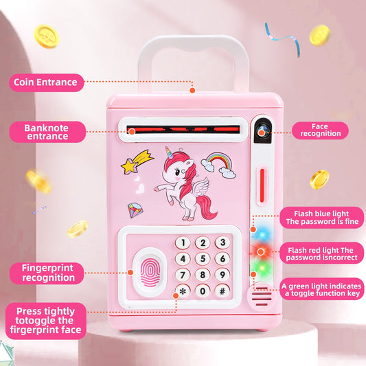 JoyStone Electronic Light&Sound Piggy Bank Toys with Fingerprint & Face Scan Password Code Lock Cash Coin ATM Bank, Pink