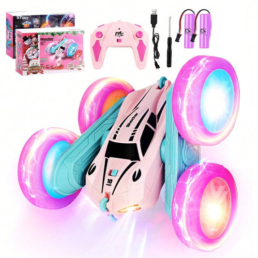 JoyStone Remote Control Car, 4WD 2.4Ghz Rechargeable RC Stunt Car with Double Sided 360 Flips and Headlights Wheel Lights, Off-Road Stunt Toy Cars Gift for Boys Girls(Pink)