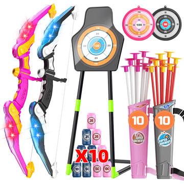 WonderStone 2-Pack Bow and Arrow for Kids, LED Light-Up Archery Set with 20 Suction Cup Arrows, Standing Target & Quiver, Outdoor Yard Games Toys for Ages 4-13