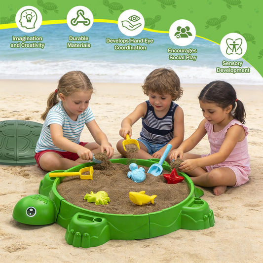 JoyStone Turtle Sandbox with Cover, 38" Kids Sandbox Set with Beach Toys, Indoor Outdoor Sensory Play Sand Toy, Summer Gift for Boys Girls